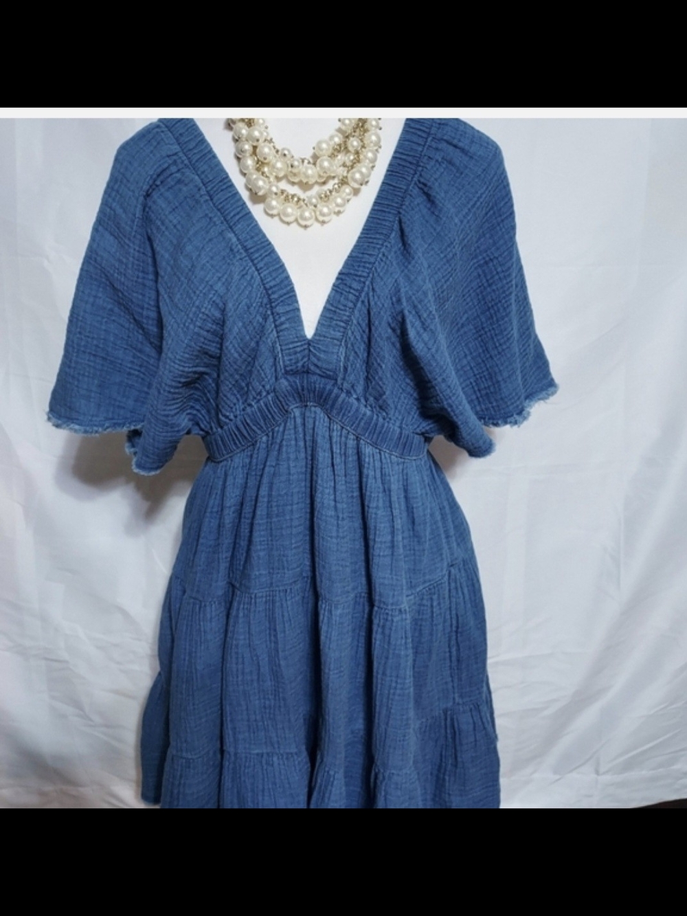 aerie Blue Textured V-Neck Tiered Mini Dress